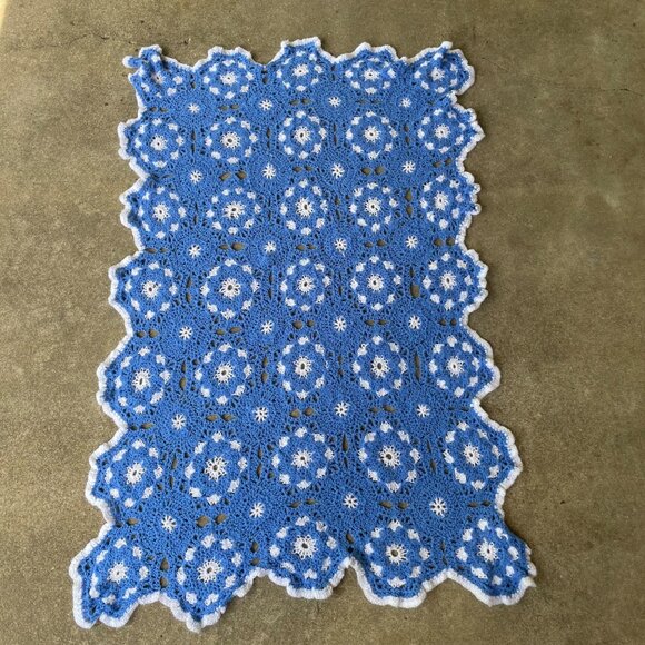 Handmade Blue and White Crochet Knit Nursery Baby Lap Blanket - Picture 1 of 3